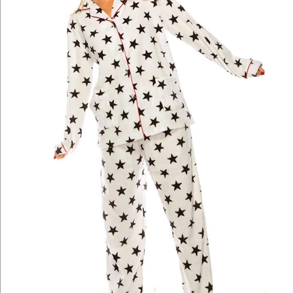 Star covered Black and White 2 Piece Pajama Set with Red Piping - Picture 3 of 6